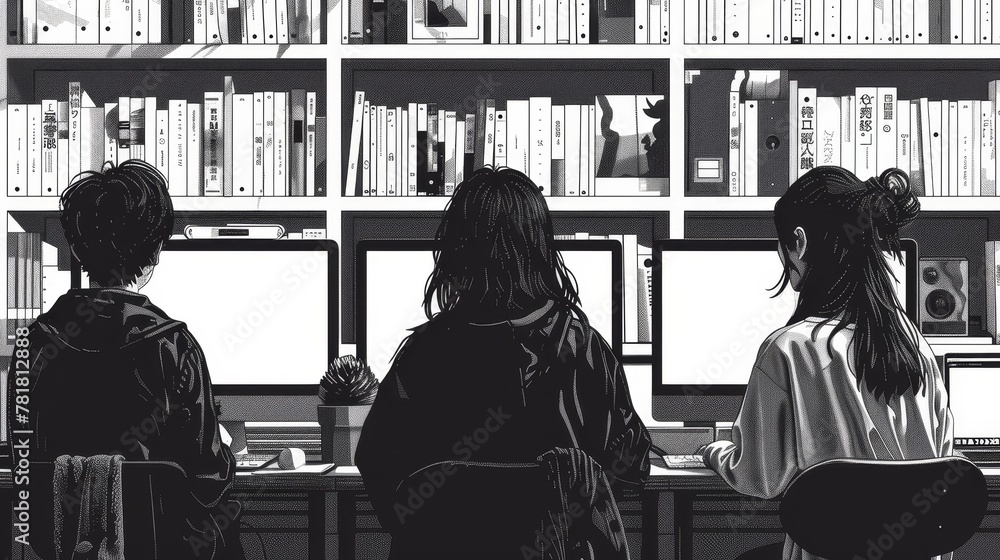 Poster two girls seated at a desk, surrounded by a bookshelf filled with books and a computer before them