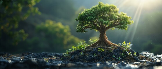 The pure energy of growth, a tree stands shielded, a model for conservation - obrazy, fototapety, plakaty