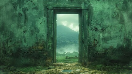   A painting of an open door leading into a green room In the distance, a towering mountain ranges A serene pool of water lies in the foreground