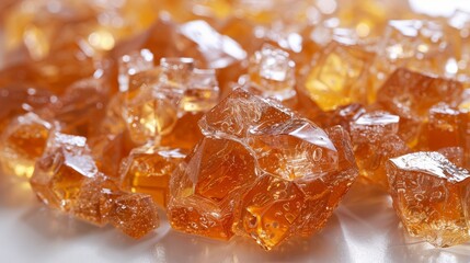   A tight shot of numerous orange-hued ice cubes atop a pristine white backdrop, glinting as light bounces off their frosty surfaces
