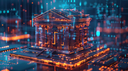 Fototapeta premium A three-dimensional projection of a classical building emerges from a neon circuit board, creating a striking visual metaphor for smart architecture.