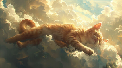 A peaceful ginger cat sleeps stretched out on fluffy clouds, bathed in the warm glow of sunlight.