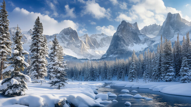 A breathtaking snow-covered landscape with a mountain backdrop and a flowing river amid pine trees
