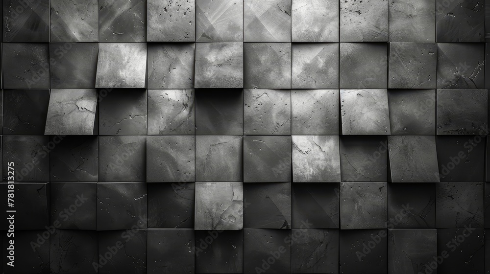 Poster a monochrome image of a mosaic wall, featuring assorted square and rectangular shapes in various siz