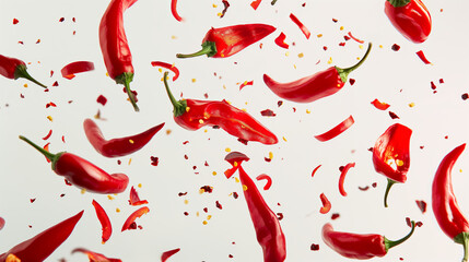 Fresh red chili peppers with seeds in mid-air on a clean white background, capturing the dynamic movement - obrazy, fototapety, plakaty