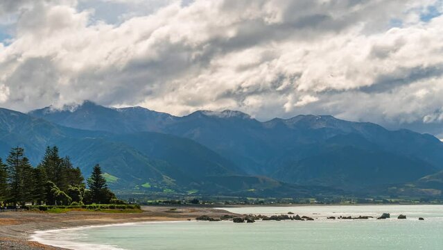 Looking from Kaikoura, New Zealand along the beach to the mountains - time lapse