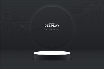 Abstract white black 3D cylinder podium pedestal realistic with round circle shape and palm leaf shadow on wall background. Minimal scene for product display. Showcase. 3D vector geometric platform.