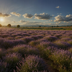 A panoramic view from a lavender field with the soothing warmth of the morning sun. 