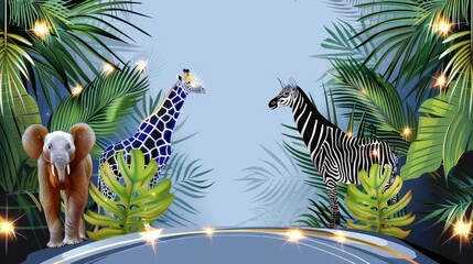   Two giraffes and a zebra before a blue backdrop..With palm leaves, not lights - behind them