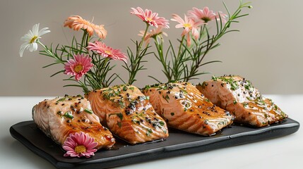   A platter of salmon adorned with flowers Table situated flowers, vase included - obrazy, fototapety, plakaty