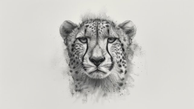   A cheetah's face depicted in drawing format, contrasted with a black-and-white rendition