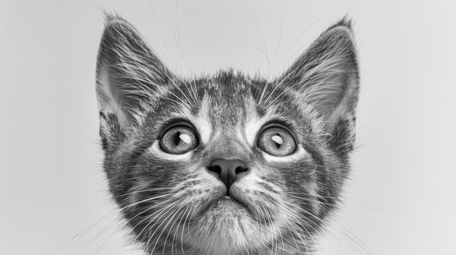   A monochrome image of a feline's face displays surprise in its left eye