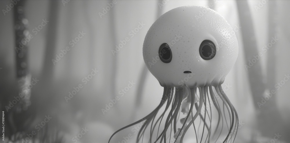 Poster a monochrome image of a jellyfish with an ominous expression, contrasting against tree-lined backgro