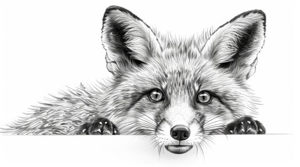 Fototapeta premium A black-and-white drawing of a fox contemplating from the paper's edge, his head gently touching it