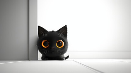   A black cat with orange-glowing eyes hides behind a door against a plain white wall backdrop