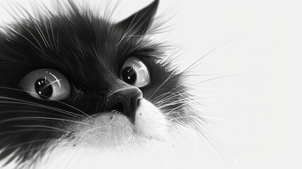   A monochrome image of a cat's face with extended whiskers in its fur