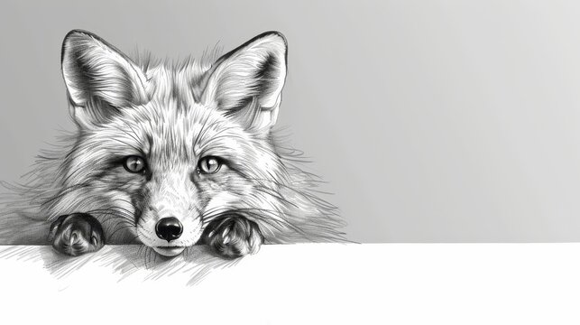   A black-and-white drawing of a fox gazing out over a white expanse, paw on sign's edge