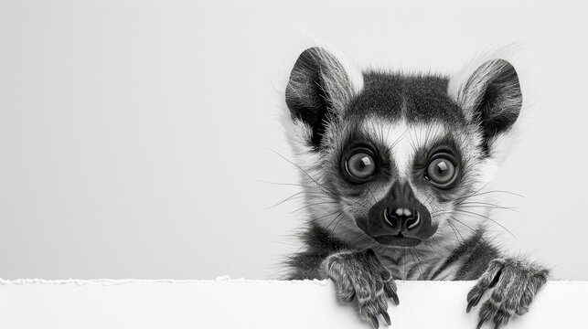   A monochrome image of a ring-tailed lemur peeking over a bare sign, its wide-open eyes gazing curiously