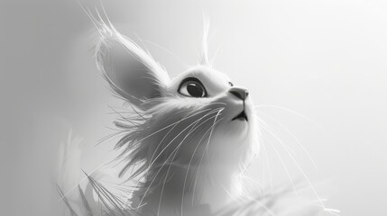   A black-and-white image of a long-haired cat's face with expressive eyes widely opened, as if catching the wind