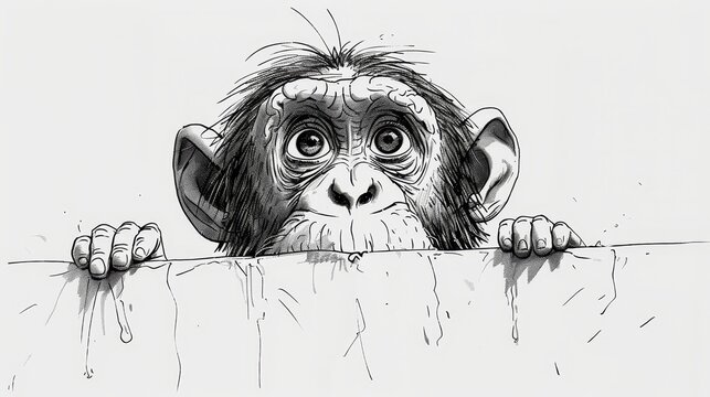   A monkey in black and white, peeks over a wall, hands grasping the edge