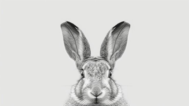   A black-and-white image of a rabbit's face with a long ear and large ears, gaze fixed straight ahead