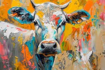 Abstract, rustic theme of a cow and milk, in vibrant silver, yellow, and orange, oil with palette knife, against a multihued background with theatrical lighting - obrazy, fototapety, plakaty