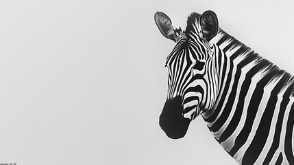 Naklejka premium A black-and-white image of a zebra's head and neck against a white backdrop