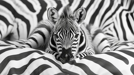 Fototapeta premium A tight shot of a zebra resting atop another, its head nestled between that companion's humps