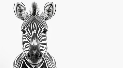 Fototapeta premium A black-and-white image of a zebra's head and neck against a white sky backdrop