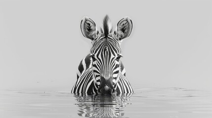 Fototapeta premium A zebra in a body of water, its head emerging above the surface – a monochrome image