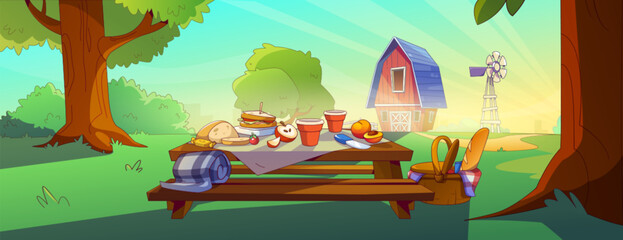 Picnic setup on outdoor table with rural red barn on background. Cartoon vector illustration of summer countryside landscape with wicker basket, food and drink on tablecloth for lunch or dinner.