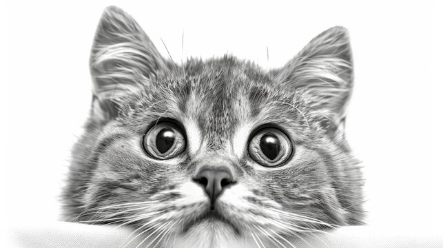   A monochrome image of a feline's face with its left eye expressing astonishment