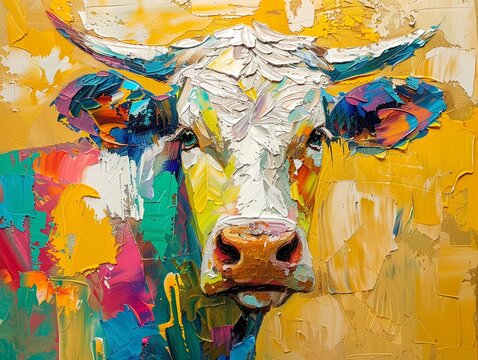 Colorful abstract of a cow and milk, rustic palette with silver, yellow, and orange, palette knife oil painting, dynamic lighting, and vivid highlights