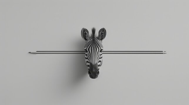   A black-and-white image of a zebra's head against a wall, featuring a bar in front