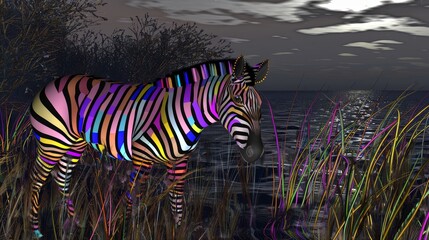 Fototapeta premium A zebra stands before a water body in a field of tall grass, under a cloud-strewn sky