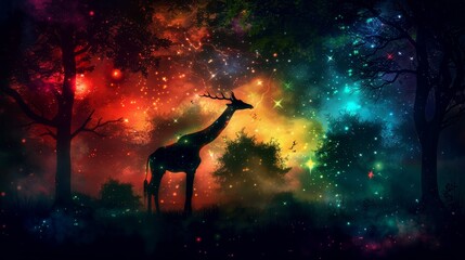  A giraffe stands amidst the forest, surrounded by green foliage Behind it unfurls a vibrant, colorful sky