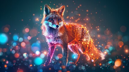 Fototapeta premium A digital painting of a fox standing in the midst of a blurred scene of a forest, surrounded by a bog of glowing lights