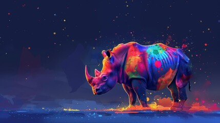   A rhino stands in a body of water, gazing at a star-filled sky adorned with multicolored stars