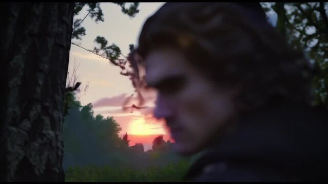 In the forest at dusk, a man appears lost in thought. Light filtering through the trees illuminates his profile, bringing out a contemplative expression.