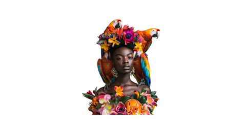 
beautiful black woman with exotic birds and flowers in her hair on white background