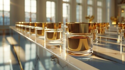 Graceful contours of luxury beauty jars, aligned in a dance of sunlight and shadow