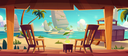 Obraz premium Wooden terrace with two chairs and cocktail in glass on shore of sea or ocean with big rocks and palm trees. Cartoon vector summer tropical beach vacation concept with hotel or bungalow patio.