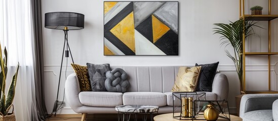 Abstract Oil Painting: geometric shapes in colors of black, gray and gold in boho style in the living room interior --ar 16:7 Job ID: 4ef7c783-8555-47ed-8e02-626db450dc7d