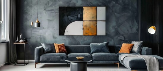 Abstract Oil Painting: geometric shapes in colors of black, gray and gold in boho style in the living room interior --ar 16:7 Job ID: c8756852-e11c-4ea8-979a-fe78f9e9213b