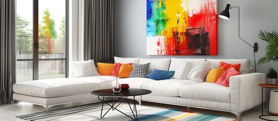 Design of a bright modern living room with a bright abstract painting on the wall --ar 16:7 Job ID: c26a5294-db5d-4897-9e2a-c01debc5479a
