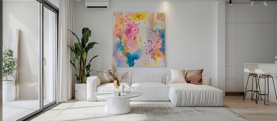 Design of a bright modern living room with a bright abstract painting on the wall --ar 16:7 Job ID: 9be06fed-944d-4781-b763-11a3682f8f46
