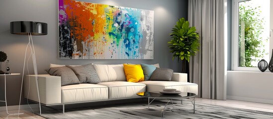 Design of a bright modern living room with a bright abstract painting on the wall --ar 16:7 Job ID: e30bb42f-b1d6-4b29-9fdc-dd3c4cb48a8b