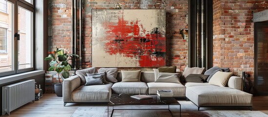 Loft style living room decor , interior design with large sofa, large abstract painting on the background of brick wall --ar 16:7 Job ID: 36c9b4a6-fb54-43ee-82e7-176855722752