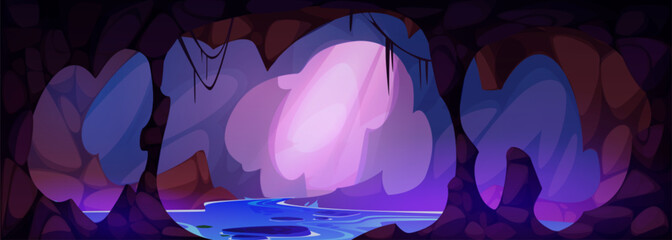 Dark mystery cave with underground lake or river and pink light through hole or entrance. Cartoon vector illustration of hidden mountain cavern with rocky walls and stalactites, blue water in pond. - obrazy, fototapety, plakaty