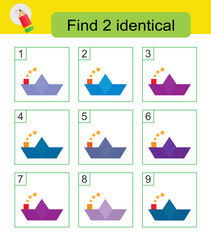 Fun puzzle game for kids. Need to find two identical paper boats. Answer is 3,7.